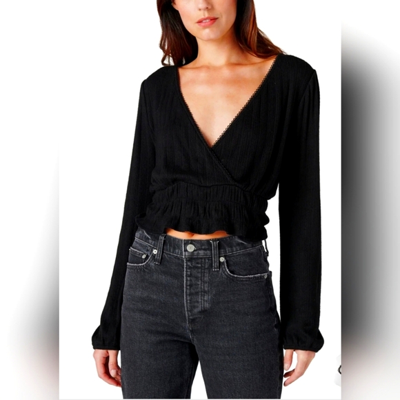 Lucky Brand Tops - Lucky Brand Pointelle-Trim Surplice Top Jet Black XL New